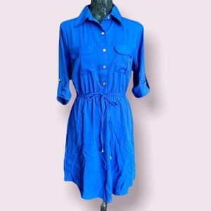 Cobalt Blue Shirt Dress with Rolled Sleeves and Gold Buttons